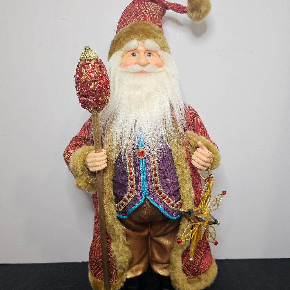 Gorgeous Elaborately Dressed Santa Claus Holding Jeweled Staff Gold Star New